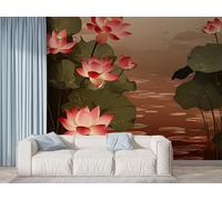 Boceoey Papier Peint Panoramique Lotus Fleur - Papier Peint Intissé Autocollant - Plantes de Bassin Nénuphar Décoration Murale - Adhésif Mural pour Salon Chambre, 100x70 cm - F-431