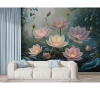Boceoey Papier Peint Panoramique Lotus Nénuphar - Papier Peint Intissé Autocollant - Plantes Fleur Orientale Décoration Murale - Adhésif Mural pour Salon Chambre, 150x100 cm - F-429