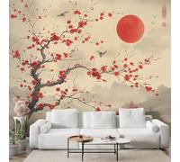 Boceoey Papier Peint Panoramique Montagne Japonaise Fleurs De Cerisier - Papier Peint Intissé Autocollant - Soleil Rouge Japon Décoration Murale - Adhésif Mural pour Salon Chambre, 300x210 cm - S-826