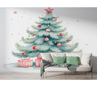 Boceoey Papier Peint Panoramique Noël Arbre Flocons De Neige 3D - Motif Cadeau Hiver Fête - Décoration Murale pour Salon & Chambre, Intissé Autocollant Papier Mural, 100x70 cm K-795