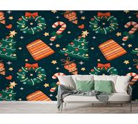 Boceoey Papier Peint Panoramique Noël Arbre Nœud De Guirlande - Papier Peint Intissé Autocollant - Canne de Noël Fête Décoration Murale - Adhésif Mural pour Salon Chambre, 400x280 cm - K-688