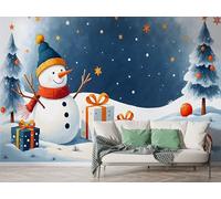 Boceoey Papier Peint Panoramique Noël Bonhomme De Neige Arbre 3D - Motif Cadeau Ciel Étoilé Hiver Fête - Décoration Murale pour Salon & Chambre, Intissé Autocollant Papier Mural, 250x175 cm K-793