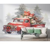 Boceoey Papier Peint Panoramique Noël Camion Rouge Arbre - Papier Peint Intissé Autocollant - Cadeau Hiver Fête Décoration Murale - Adhésif Mural pour Salon Chambre, 250x175 cm - K-778