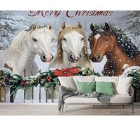 Boceoey Papier Peint Panoramique Noël Cheval Guirlande De Baies 3D - Motif Ferme Hiver Fête - Décoration Murale pour Salon & Chambre, Intissé Autocollant Papier Mural, 150x100 cm K-781