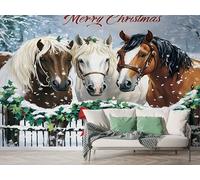 Boceoey Papier Peint Panoramique Noël Cheval Guirlande De Nœuds - Papier Peint Intissé Autocollant - Ferme Hiver Fête Décoration Murale - Adhésif Mural pour Salon Chambre, 200x140 cm - K-782