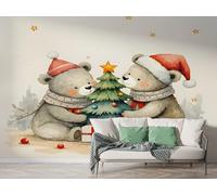 Boceoey Papier Peint Panoramique Noël Ours Arbre Étoiles - Papier Peint Intissé Autocollant - Cadeau Hiver Fête Décoration Murale - Adhésif Mural pour Salon Chambre, 250x175 cm - K-742