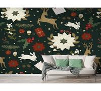 Boceoey Papier Peint Panoramique Noël Renne Baie Poinsettia - Papier Peint Intissé Autocollant - Cadeau Hiver Fête Décoration Murale - Adhésif Mural pour Salon Chambre, 150x100 cm - K-586