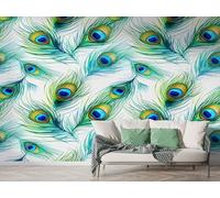 Boceoey Papier Peint Panoramique Paon Plume 3D - Motif Magnifique Oiseau Coloré - Décoration Murale pour Salon & Chambre, Intissé Autocollant Papier Mural, 350x256 cm M-1030