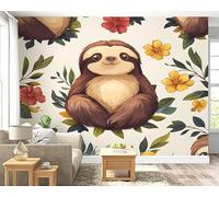 Boceoey Papier Peint Panoramique Paresseux Fleur Aquarelle 3D - Motif Plantes Tropicales Paresseux - Décoration Murale pour Salon & Chambre, Intissé Autocollant Papier Mural, 100x70 cm F-43