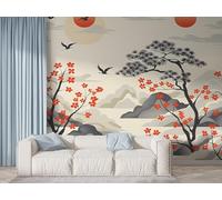 Boceoey Papier Peint Panoramique Paysage Branche 3D - Motif Montagne Soleil Rouge - Décoration Murale pour Salon & Chambre, Intissé Autocollant Papier Mural, 250x175 cm F-746