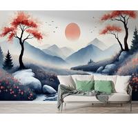 Boceoey Papier Peint Panoramique Style Japonais 3D - Motif Montagne Soleil Rouge Paysage - Décoration Murale pour Salon & Chambre, Intissé Autocollant Papier Mural, 400x280 cm K-915