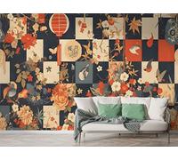 Boceoey Papier Peint Panoramique Style Japonais Fleur De Cerisier 3D - Motif Patchwork Géométrique - Décoration Murale pour Salon & Chambre, Intissé Autocollant Papier Mural, 150x100 cm F-262