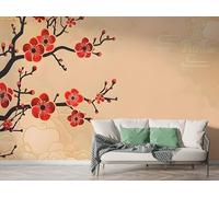 Boceoey Papier Peint Panoramique Style Japonais Fleur De Pêcher 3D - Motif Peint À La Main Fleur - Décoration Murale pour Salon & Chambre, Intissé Autocollant Papier Mural, 300x210 cm F-198