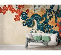 Boceoey Papier Peint Panoramique Style Japonais Floral - Papier Peint Intissé Autocollant - Abstrait Aquarelle Décoration Murale - Adhésif Mural pour Salon Chambre, 400x280 cm - F-300