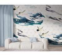 Boceoey Papier Peint Panoramique Style Japonais Grue - Papier Peint Intissé Autocollant - Abstrait Peinture De Paysage Décoration Murale - Adhésif Mural pour Salon Chambre, 300x210 cm - F-783