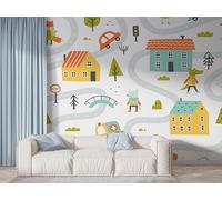 Boceoey Papier Peint Panoramique Voiture Forêt 3D - Motif Piste Dessin Animé - Décoration Murale pour Salon & Chambre, Intissé Autocollant Papier Mural, 300x210 cm F-918