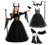 Bocguy Costume maléfique pour femme, costume victorien gothique avec ailes de diable, cornes de reine et jupe en tulle, longue cornes de diable pour femme, cosplay, fête, carnaval