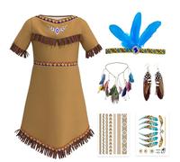 Bocguy Déguisement Indien Enfant, Costume Indien Filles Deguisement Indienne avec Bandeau Plume Indien Tatouages Cosplay Accessoires, Carnaval Halloween Déguisement Enfant - 120