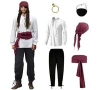 Bocguy Déguisement Pirate Homme - Costume Renaissance avec Chemise à Lacets - Ensemble Complet Pantalon, Bandana, Ceinture, Cache-œil et Boucles d'Oreilles pour Carnaval, Halloween (Blanc, S)