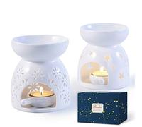 Bochee Bruleur Bougie en Céramique, Brûleur Tartelette, Set de 2 - Motif étoiles et Fleurs, Aromathérapie, Brûleur Huile Essentielle avec Porte-Bougie, pour Décoration Maison, Méditation, Idée Cadeau