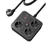BOCHLION Multiprise avec 4 USB, 3 Prises Multiprise avec Interrupteur et Parafoudre, Prise Multiple Multiprises Murale avec PD20W et QC3.0, Câble 1.8m 3250W/13A pour Bureau Cuisine-Noir