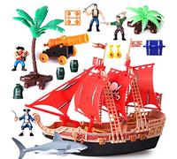Boderam Enfants Pirate Bateau Aventure Jouets avec Figurines d'action en Plastique Pirate Bateau Consoles de Jeux avec Requins, Bateaux, canons, Arbres et Autres Accessoires Cadeaux éducatifs garçons