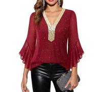 Bodhi talk Chemisier élégant pour femme avec manches 3/4 à volants et paillettes - Tunique avec encolure en V - Chemisier double couche en maille - Hauts de fête parfaits pour le quotidien et les