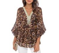 Bodhi talk Chemisier élégant pour femme avec manches 3/4 à volants et paillettes - Tunique avec encolure en V - Chemisier double couche en maille - Hauts de fête parfaits pour le quotidien et les