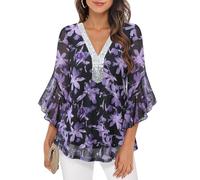 Bodhi talk Chemisier élégant pour femme avec manches 3/4 à volants et paillettes - Tunique avec encolure en V - Chemisier double couche en maille - Hauts de fête parfaits pour le quotidien et les