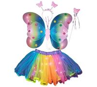 Bodhi2000 Ensemble d'ailes de papillons lumineux enchanteur arc-en-ciel 4 pièces Ailes de fée LED pour enfants performance scène fournitures de fête Tulle multicolore taille unique