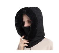 BODOBTF Ensemble de masques d'hiver à capuche en fourrure pour femme - Col en cachemire tricoté - Cagoule chaude - Chapeau coupe-vent - Bonnet épais en peluche moelleuse (noir)