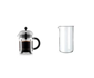 Bodum - 1924-16 - CHAMBORD - Cafetière à Piston - 4 Tasses - 0.5 L & 1508-10 Remplacement de la presse Française Gobelet en Verre de 8 Tasses, Transparent, 1 L - 9,6 cm de Diamètre, H 18 cm