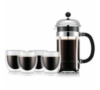 Bodum Set cafetière à piston Chambord K1928-16-2 1 L + 4 verres double paroi Pavina 25 cl argent