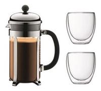 BODUM CHAMBORD Set cafetiere a piston 8 tasses 1L Avec 2 verres double paroi Pavina Gris G