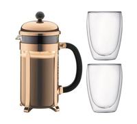Bodum Chambord Set Cafetiere A Piston - 8 Tasses - 1l -marron - Avec 2 Verres Double Paroi Pavina 0,35l Bodum