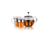 Bodum K1801-16CAR ASSAM SET Théière à piston couvercle et filtre inox 1.0 l, avec 2 tasses en verre anse inox, 0.35 l