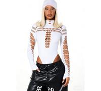 Body à manches longues avec découpes et détails de laçage, col montant mode. Body à la mode pour soirée et club Taille UniqueGéométrique,LettresTissu tricoté