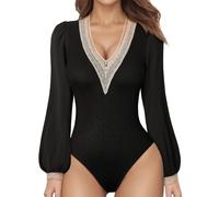 Body à manches longues pour femme - Slim Bodies - T-shirt à manches longues - Combinaison de loisirs élégante - Élastique - Col en V élégant - Manches longues - Body basique côtelé, Noir , XL