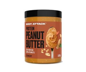 Body Attack beurre de cacahuète protéiné, 1kg, pâte à tartiner sans sucre, sel ni graisse de palme - croquant, végétalien et naturel, à faible teneur en glucides avec 30% de protéines Croustillant