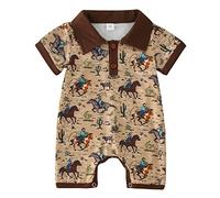 Body bébé garçon 0-18 Mois été Polos à Manches Courtes Cheval Barboteuse Bebe garçon Western Casual Vetement Pyjama Garcon pour Tout-Petit Bodys et Combinaisons Animal Dessin (Coffee, 12-18 Mois)