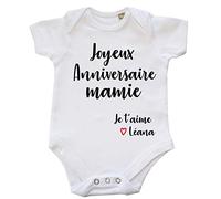 Body Bébé Joyeux Anniversaire Mamie Je t'aime + prénom à personnsaliser Blanc 3-6 Mois