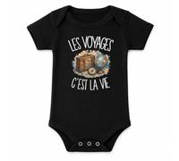 Body Bébé Noir Les voyages c'est la vie | Coton Peigné Boutons Pression à l'Entrejambe 3-6 mois à 18-24 mois | Manches Courtes Fille Garçon Mixte | Cadeau Voyageur Voyageuse Naissance Baby Shower