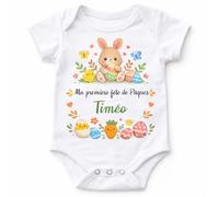 Body Bébé Pâques Personnalisé avec Prénom et Message - Ma Première Fête de Pâques - Manches Courtes ou Longues - 100% Polyester Toucher Coton - 3 à 6 mois à 4 ans