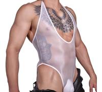 Body brillant pour homme en nylon et élasthanne, Leotard transparent sans manches pour boîte de nuit et lingerie, noir (blanc)