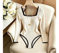 Body décontracté élégant français d'automne, tenue de sortie, de vacances et de festival, style Y2K, pour le trajet quotidien, col carré, blocs de couleurs noir et blanc, manches longues, sexy, en mai