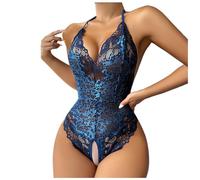 Body Dos Nu Dentelle Sexy Femme érotique Ouvert Entrejambe Lingerie Sexy Femme Coquine Hot Justaucorps Bodysuit Transparent Femme sans Manche col v sous Vetements feminins (Blue, S)