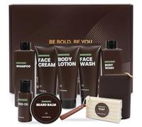 BODY & EARTH Coffret cadeau de soin pour homme en bois de santal, 10 pièces avec huile à barbe, baume, étui pour cartes de visite, etc