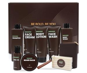 BODY & EARTH Coffret cadeau de soin pour homme en bois de santal, 10 pièces avec huile à barbe, baume, étui pour cartes de visite, etc