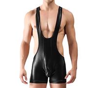 Body en Cuir pour Hommes Boxer Taille Haute sous-vêtement à Bretelles Justaucorps de Justaucorps de Lutte One Piece Jockstrap (Le Noir,XL)