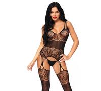 Leg Avenue 89215 Bodystocking Effet Porte-Jarretelles en Dentelle Florale Noir Taille Unique 36-40